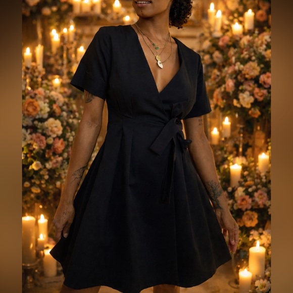 a new day Dresses & Skirts - COS Navy Blue Textured Wrap Dress | Short Sleeve Minimalist A-Line